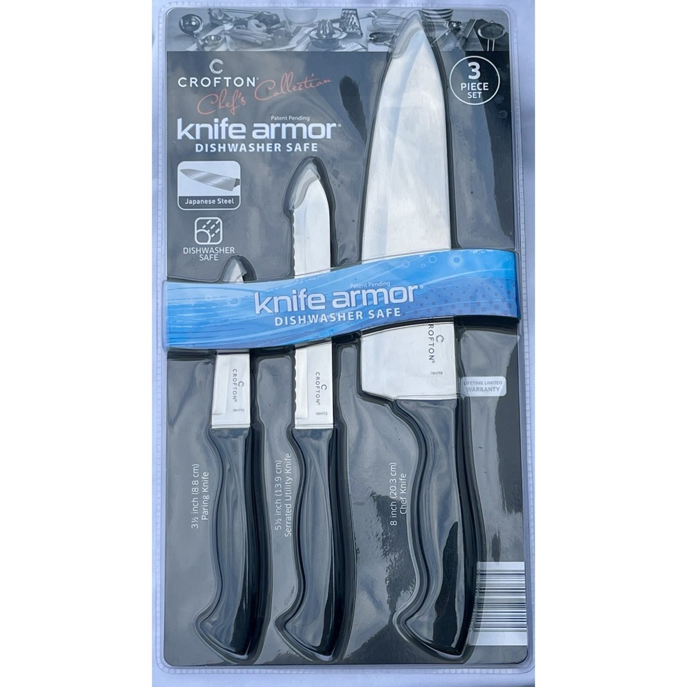 Crofton Chef's Collection Knife Set, 3 pc Armor Paring, Serrated Utility, & Chef